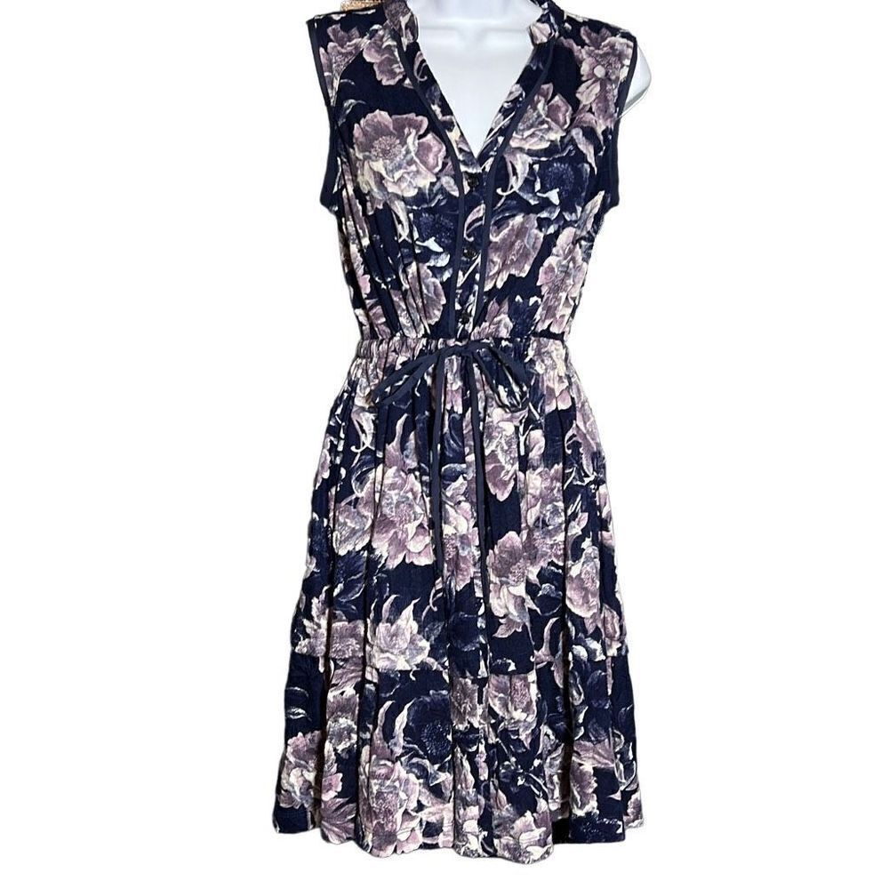 Simply Vera X Vera Wang Women's Floral Sleeveless Waist Drawstring Blue Dress S